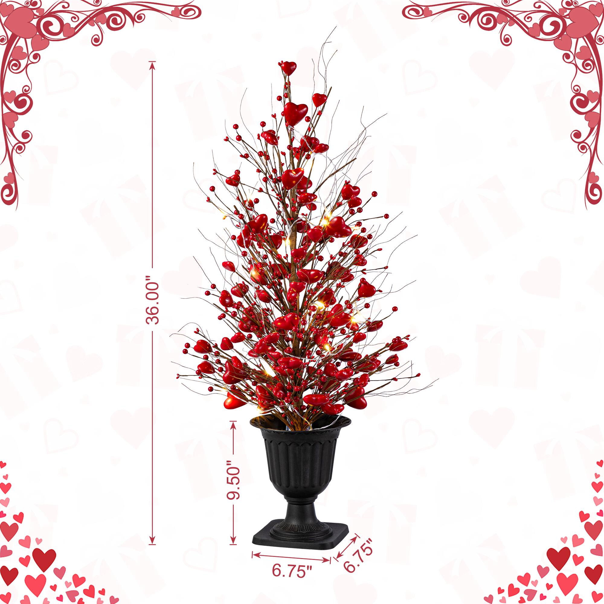 Glitzhome® 36" Valentine's Lighted Red Berry Heart Urn Porch Tree with Timer